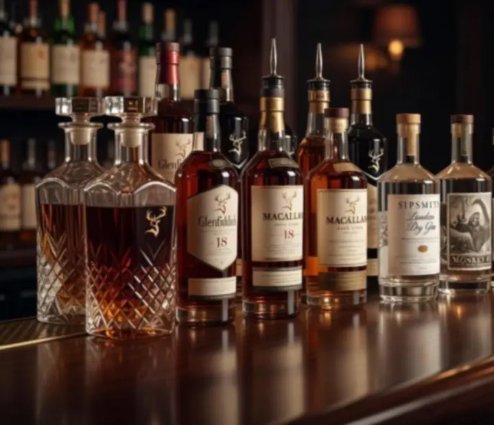 Výběr artisan destilátů na tmavém barovém pultu