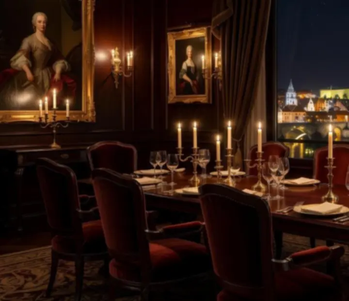Luxusně nasvícený privátní salonek restaurace Bohe Max se svíčkami a prostřeným stolem