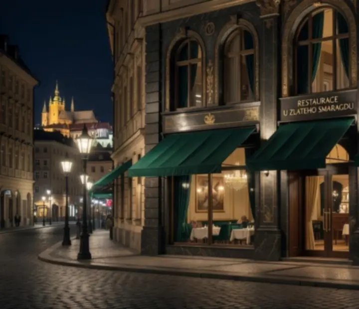 Exteriér restaurace Bohe Max v noci v centru Prahy