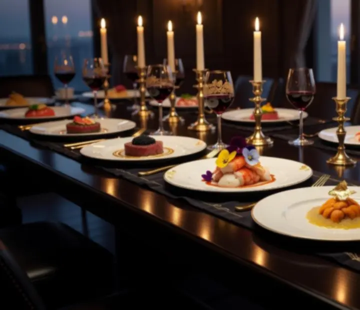 Galerie večerně nasvícených signaturních chodů v restauraci Bohe Max